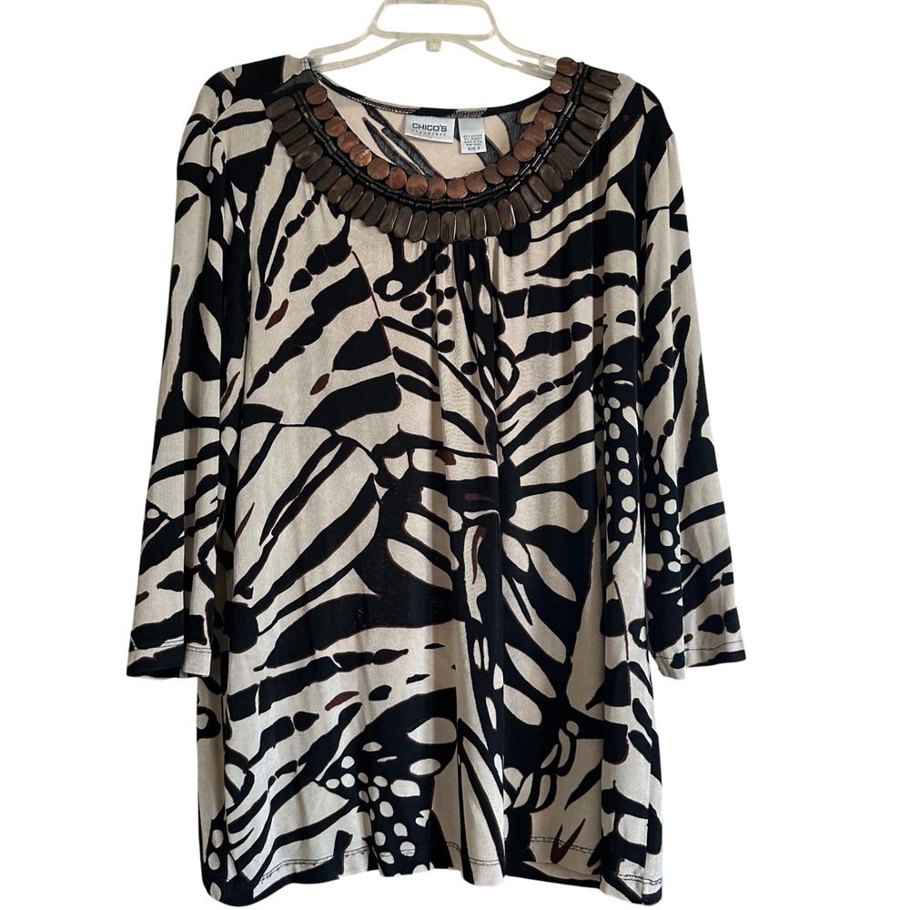 Chicos Travelers Womens‎ Tropical Animal Print Beaded Neck Tunic Top XL Sz 3